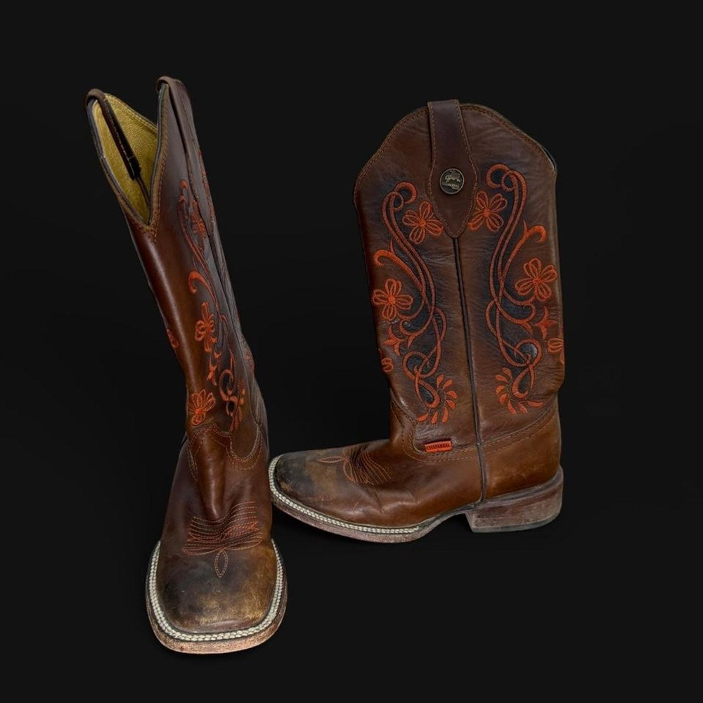 Chaparral Boots Womens Brown Leather Floral Embroidered Square Toe Western Boho